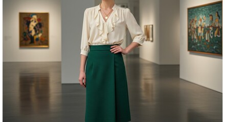 Woman in elegant attire poses in art gallery setting 