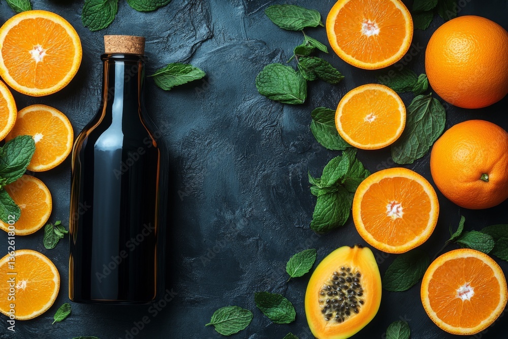 Poster Fresh oranges and papaya arranged with a bottle on a dark surface during daylight