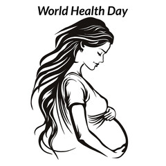World Health Day Line art illustration of expecting mother with heartbeat symbol - Health concept on white background