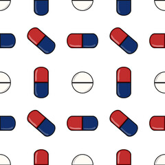 A vector seamless pattern featuring colorful capsules and pills in red, blue, and white colors. The design is playful and suitable for medical or pharmaceutical themes.