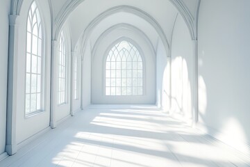 Bright White Hallway, Arched Windows, Sunny Interior, Classic Architecture, Clean Look