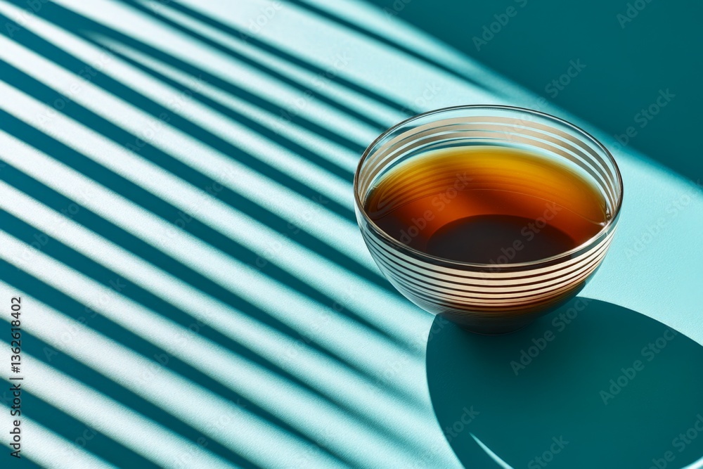 Aufkleber tea in a striped bowl casting shadows on a turquoise surface during bright daylight