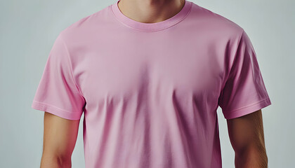 Man wears pink shirt Light neutral background, shot chest up, simple style, clean lines