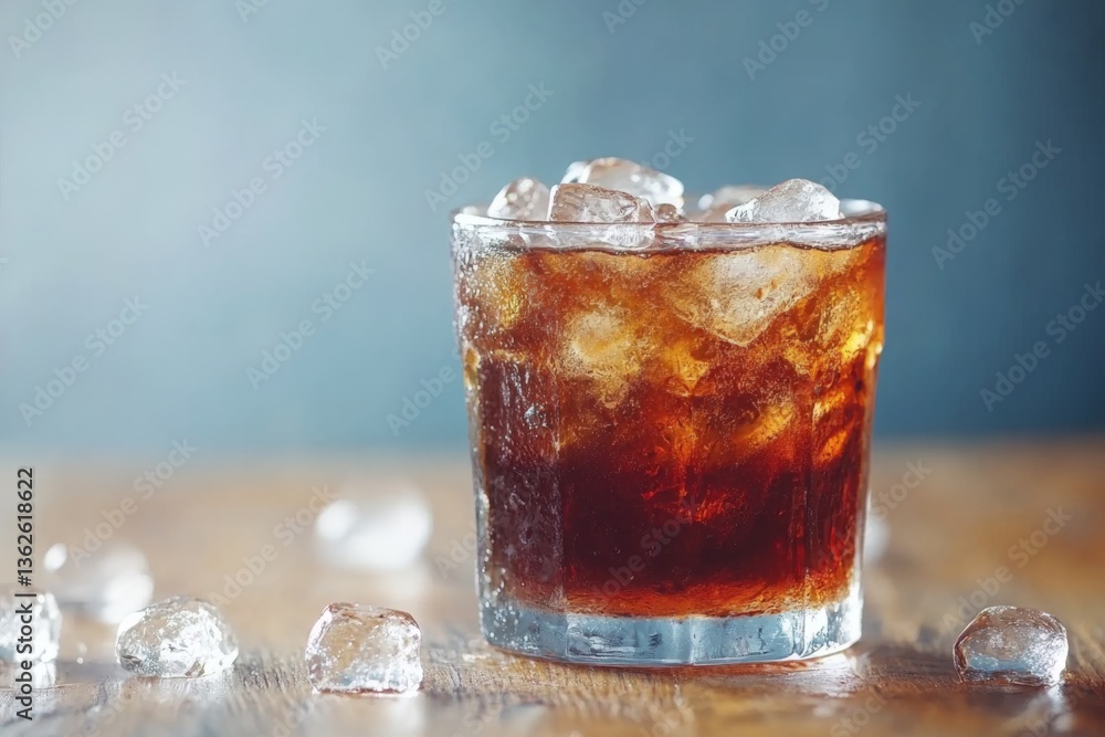 Poster refreshing drink served in a glass with ice on a wooden table under soft lighting