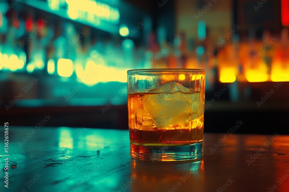 Poster relaxing evening at a bar with a whiskey glass on wooden table illuminated by colorful lights