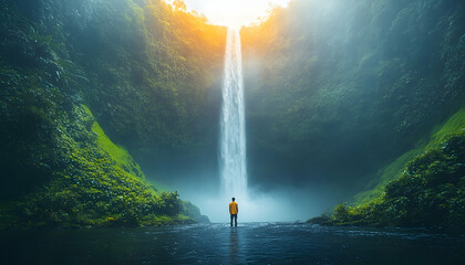 Obraz premium Man gazes at jungle waterfall with mist