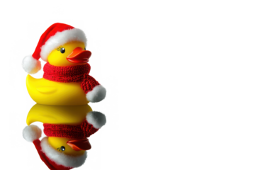A stack of christmas rubber ducks wearing santa hats and scarves on a black background space for text