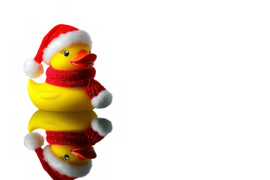 A stack of christmas rubber ducks wearing santa hats and scarves on a black background space for text