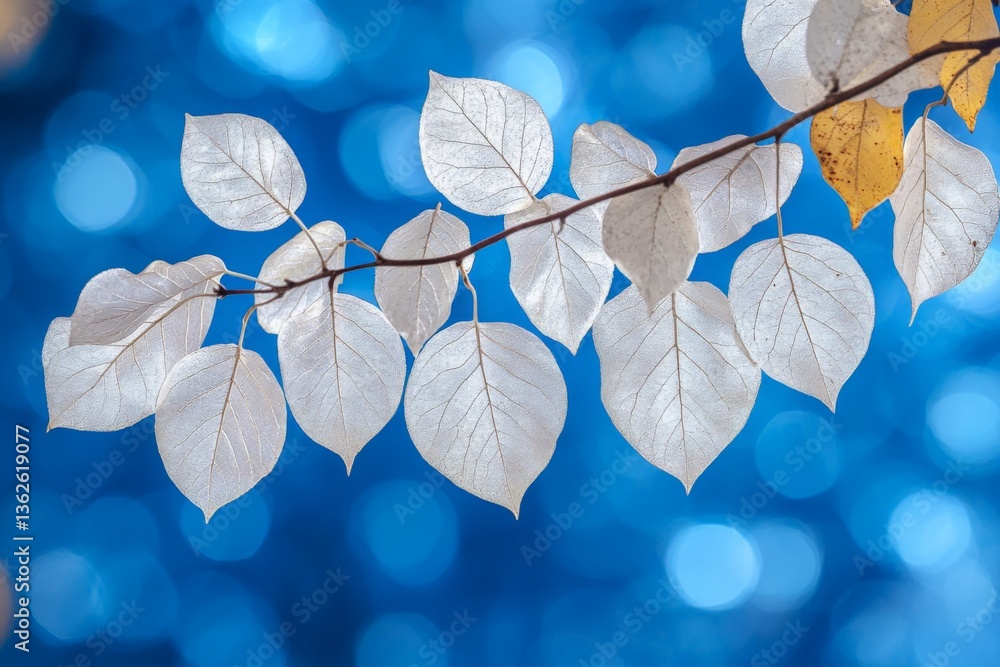 Poster brightly lit translucent leaves against a vibrant blue background creating a striking natural contra