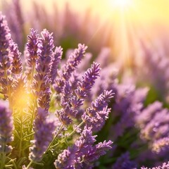 Obraz premium Lavender flowers bathed in warm sunlight create a peaceful and serene atmosphere. The purple hues of the blooms contrast beautifully with the golden glow of the sun.