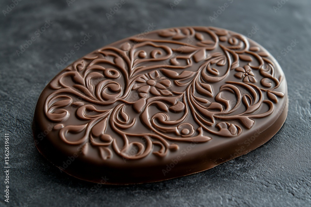 Poster intricately designed chocolate piece with floral patterns set on dark stone background