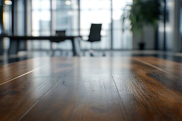 Dark Wood Grain Surface with Blurred Office Interior, Modern Building Background
