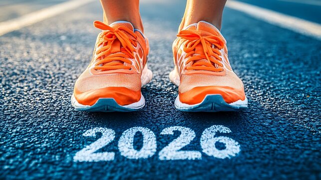 Runner's Shoes on Track with 2026, Close-up of a runner's shoes on a track with the year 2026 painted on it