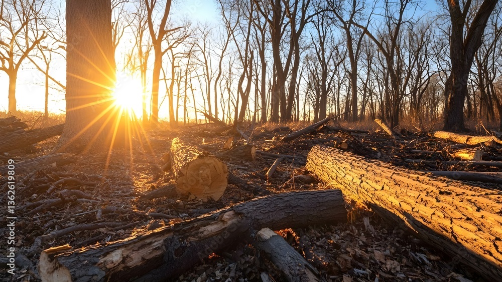 Poster a sunset illuminating a forest with fallen logs and bare trees, creating a serene and natural atmosp