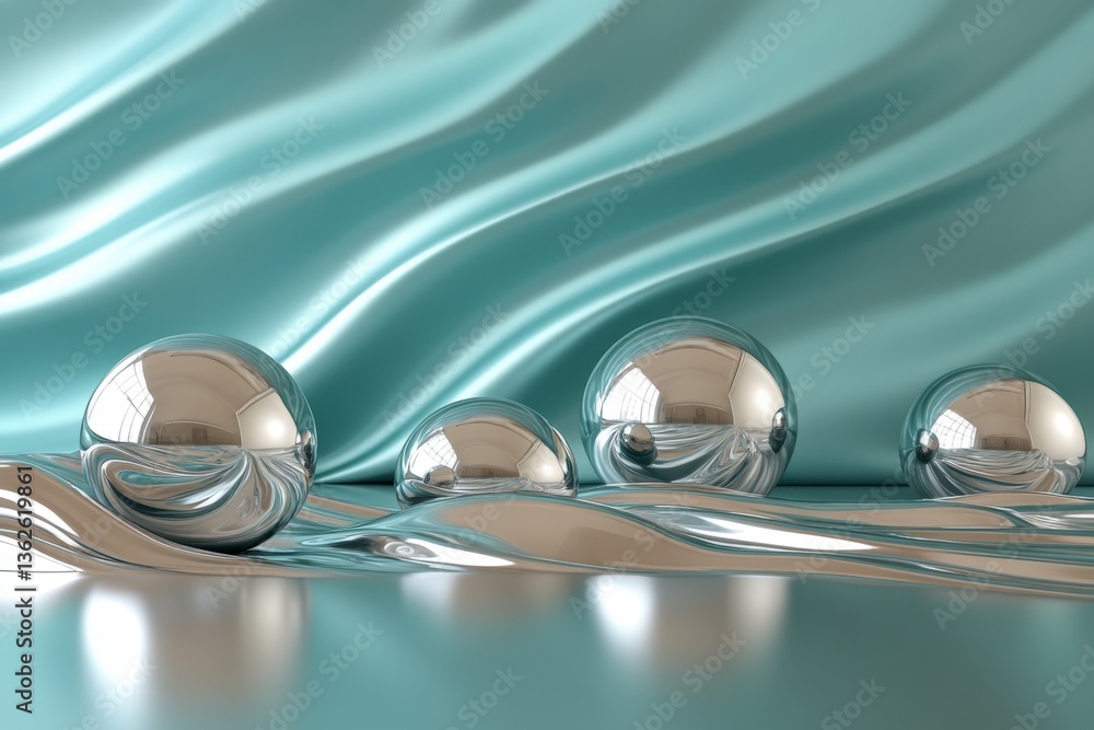 Poster reflective spheres arranged on a smooth teal surface creating an abstract visual display