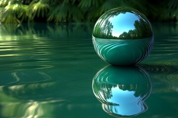 Reflective sphere sits on calm green water amidst lush greenery under bright daylight