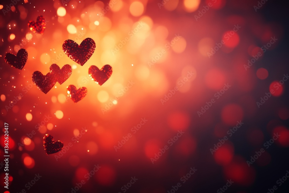 Aufkleber heart-shaped decorations floating in a warm, dreamy background with sparkling lights during a romant