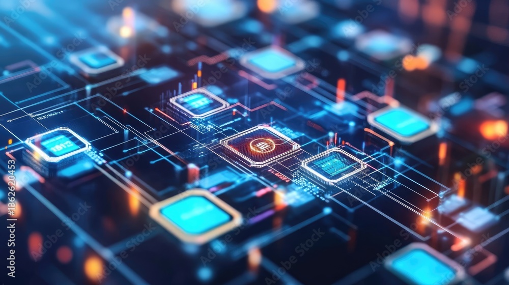 Poster automated financial transactions running on a decentralized blockchain ledger, showcasing security, 