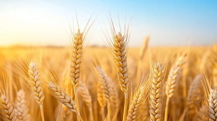 Fototapeta premium A close-up view of golden wheat stalks swaying gently in the breeze, illuminated by soft sunlight