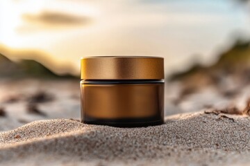 Luxurious skincare jar resting on sandy beach at sunset, capturing beauty and tranquility in nature
