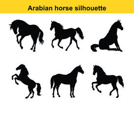 Collection of horse silhouettes in vector style featuring wild and farm animals, including running horses, ponies, and other animals in black outline design