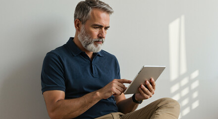 Professional man engaged in remote work using a tablet while seated on the floor in a well-lit environment