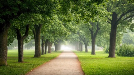 Naklejka premium A peaceful park walkway disappearing into dense fog, lined with lush green trees