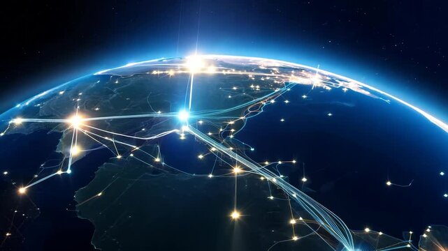 stunning aerial view continents of illuminated at night from space, concept of global connectivity and technology, mapping and geography