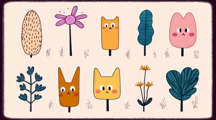 Whimsical Pixel Art Illustration of Cute Plants and Animals