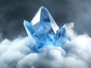 A blue polygonal iceberg floating in the air, surrounded by white cloudsA blue polygonal iceberg floating in the air, surrounded by white clouds