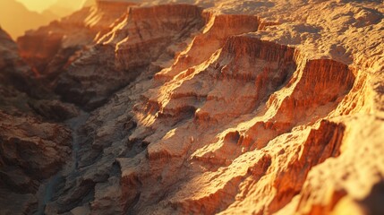 Desert canyon sunrise, textured rock face, aerial view, game background