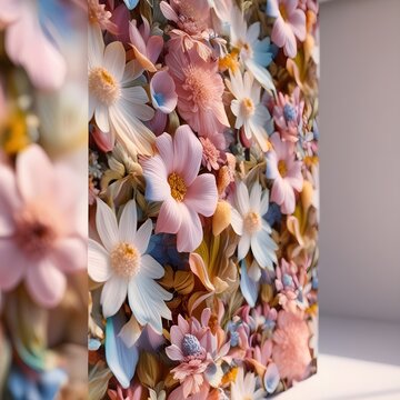 A vibrant array of flowers in pastel shades of pink, blue, and white adorns a vertical panel. The intricate arrangement creates a visually soothing pattern, making it a captivating focal point.