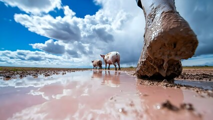 Obraz premium A close-up of a muddy hoof with cows walking in the background, reflecting clouds and blue sky in a puddle. Concept Muddy Hoof Detail, Cattle in Background, Reflective Puddle, Nature Photography