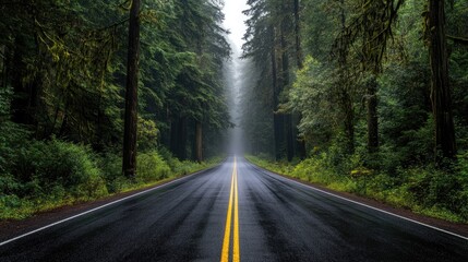 A scenic forest road covered in mist, surrounded by tall trees fading into the distance