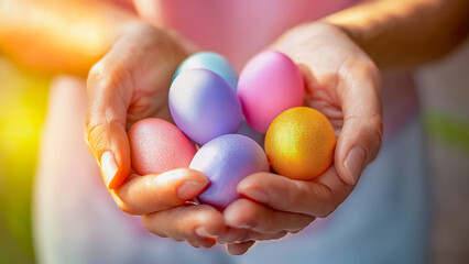 Colorful eggs held in hands during a spring celebration in a garden setting with sunlight filtering through the trees