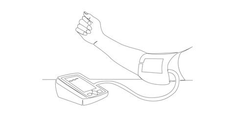 Continuous line drawing Human hand using tonometer to measure check blood pressure and pulse concept
