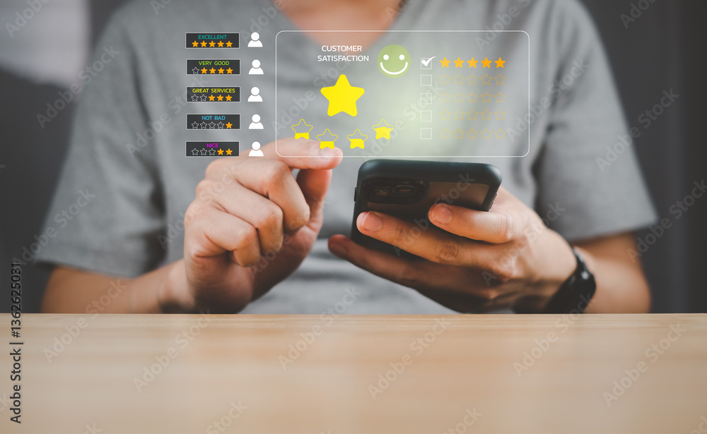 Poster a person reviews customer satisfaction using a smartphone, displaying a star rating and feedback int