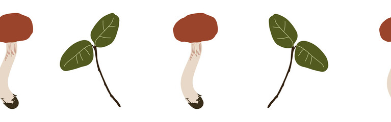  Green leaves and mushrooms border on a white background. Hand-drawn illustration. Perfect for spring and summer.