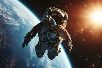 Man astronaut floats in open space against earth and shines sun, concept of dream trip for planet exploration, element for space travel presentation and wallpaper
