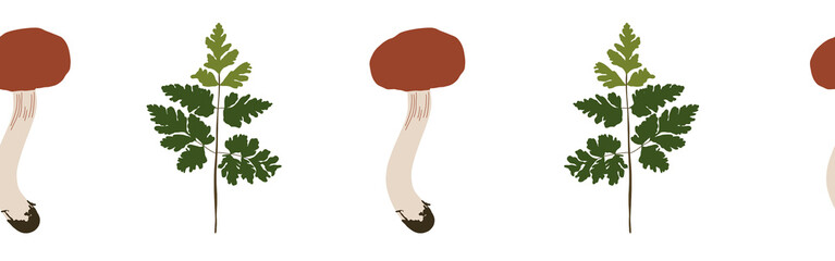  Green leaves and mushrooms border on a white background. Hand-drawn illustration. Perfect for spring and summer.