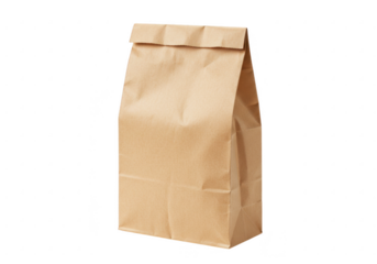 A crumpled brown paper lunch bag standing upright with the top folded down isolated on transparent background