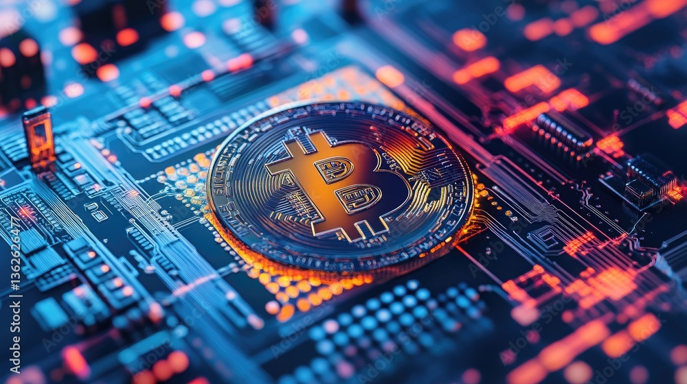 Poster cryptocurrency transaction in progress, showing blockchain ledger verification, smart contract execu
