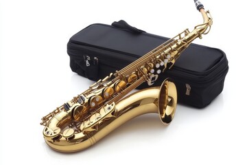 Obraz premium Gold saxophone resting beside a black carrying case ready for performance or practice in a studio setting