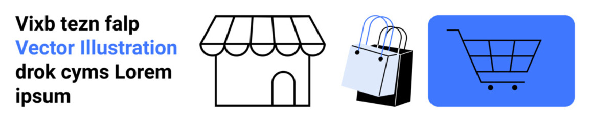 Storefront icon with shopping bags and shopping cart symbol. Ideal for retail, eCommerce, business, marketplace, sales, online shopping, customer services. Perfect flat landing page banner