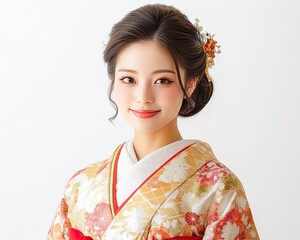 Fototapeta premium Smiling Woman Wearing Kimono with Floral Hair Accessory in Studio Lighting