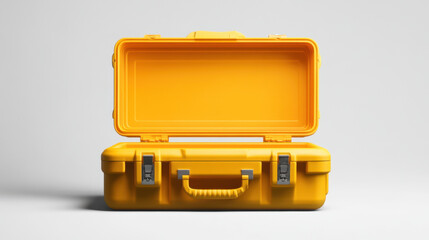 bright yellow tool case with open lid showcases its spacious interior, perfect for organizing tools and equipment. This photorealistic image highlights sturdy design and vibrant color
