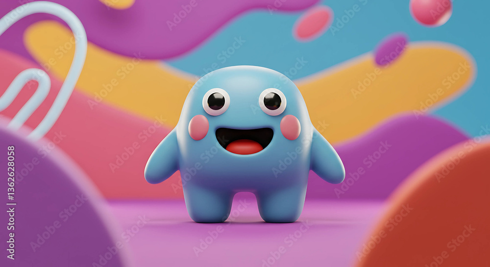 Poster a blue cartoon character with colorful background blobs