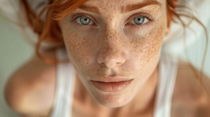 Close-up portrait of young woman with red hair, pale skin, and blue eyes looking directly at the camera. Her face is covered with freckles. Concept of natural beauty and individuality