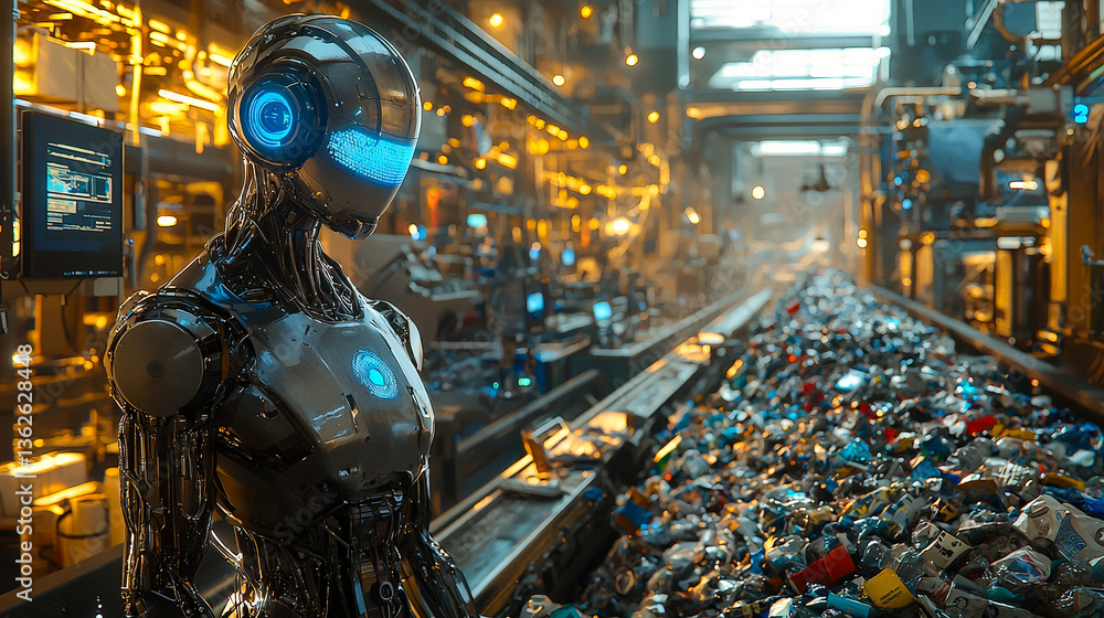 Poster advanced humanoid robot working in a futuristic recycling facility surrounded by waste materials in 