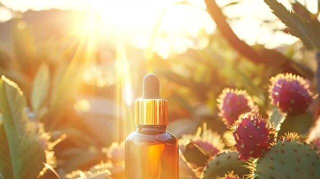 A luxurious amber glass dropper bottle surrounded by ripe prickly pear cacti, bathed in warm golden sunlight. The image conveys themes of natural skincare, organic beauty, and botanical wellness.